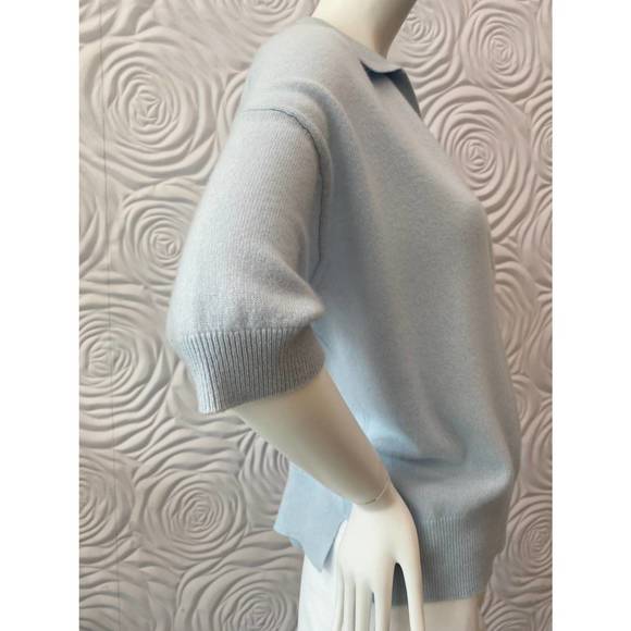 NEW WHITE + WARREN cashmere elbow sleeve polo sweater in calm water - Picture 2 of 3